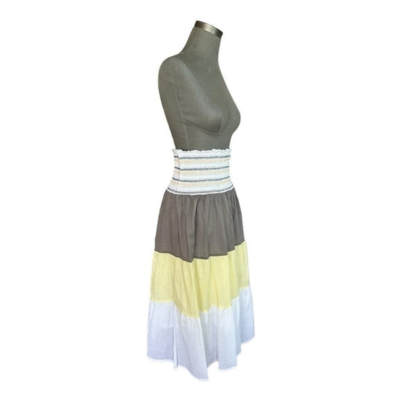 Women’s Skirt Color Block Grey Yellow White Cotton Ruffled Pull On Midi Skirt - Picture 2 of 5
